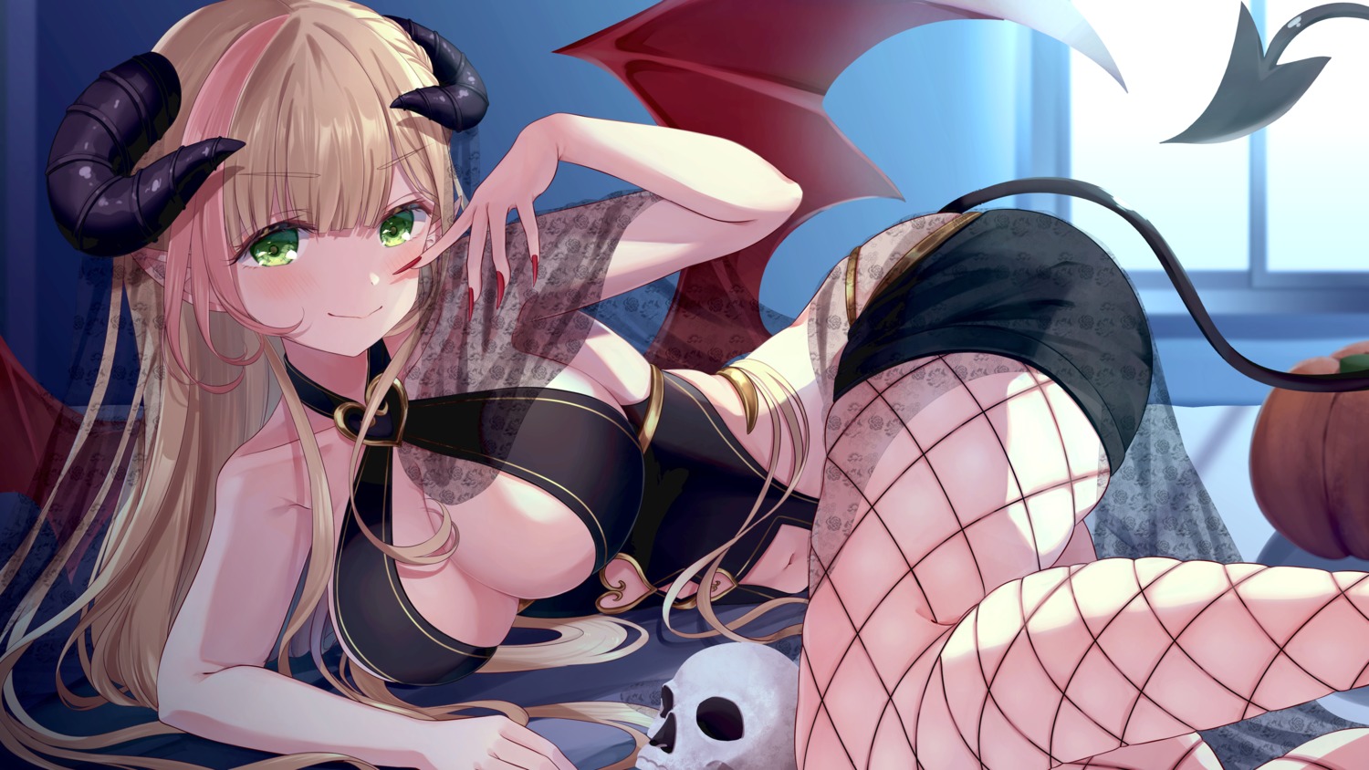 devil fishnets horns lllconfidential no_bra pantyhose pointy_ears see_through tail wallpaper wings