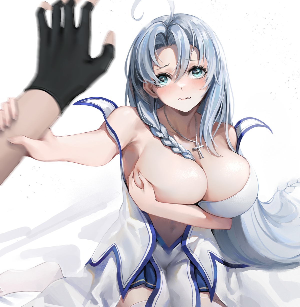 breast_hold breasts natsugou_shinogi no_bra open_shirt sentouin_hakenshimasu! snow_(sentouin_hakenshimasu!) wardrobe_malfunction