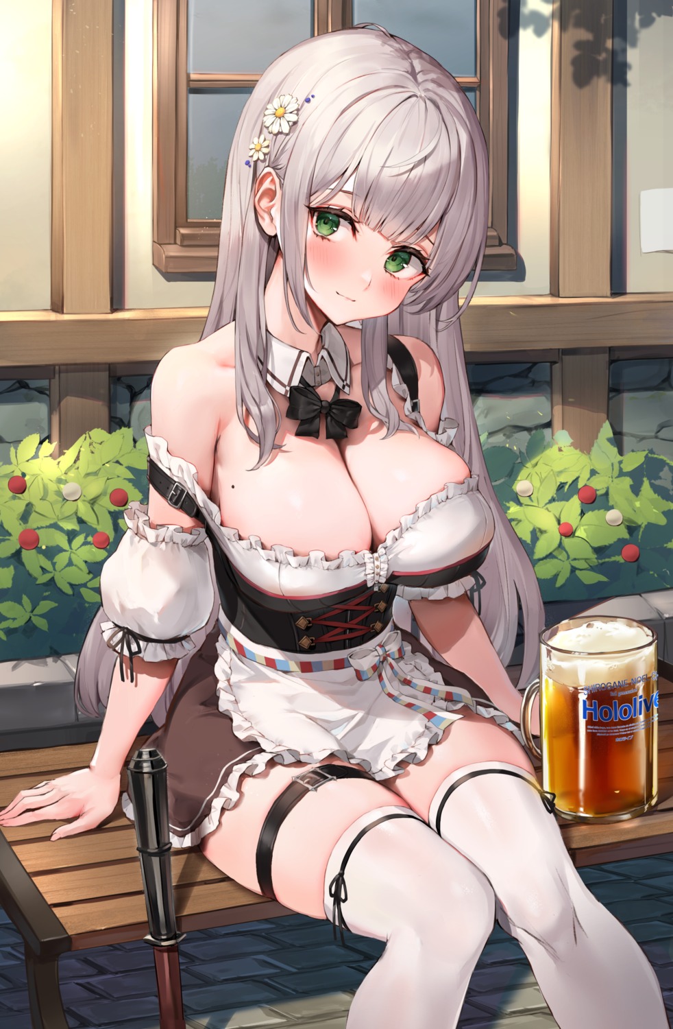 garter hololive no_bra oyu_(sijimisizimi) shirogane_noel thighhighs waitress wardrobe_malfunction