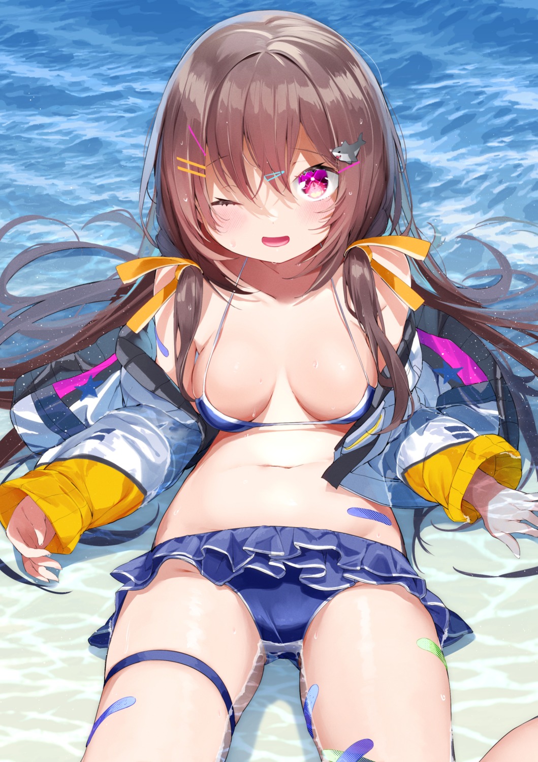 bikini garter kamioka_chiroru open_shirt swimsuits wet wet_clothes