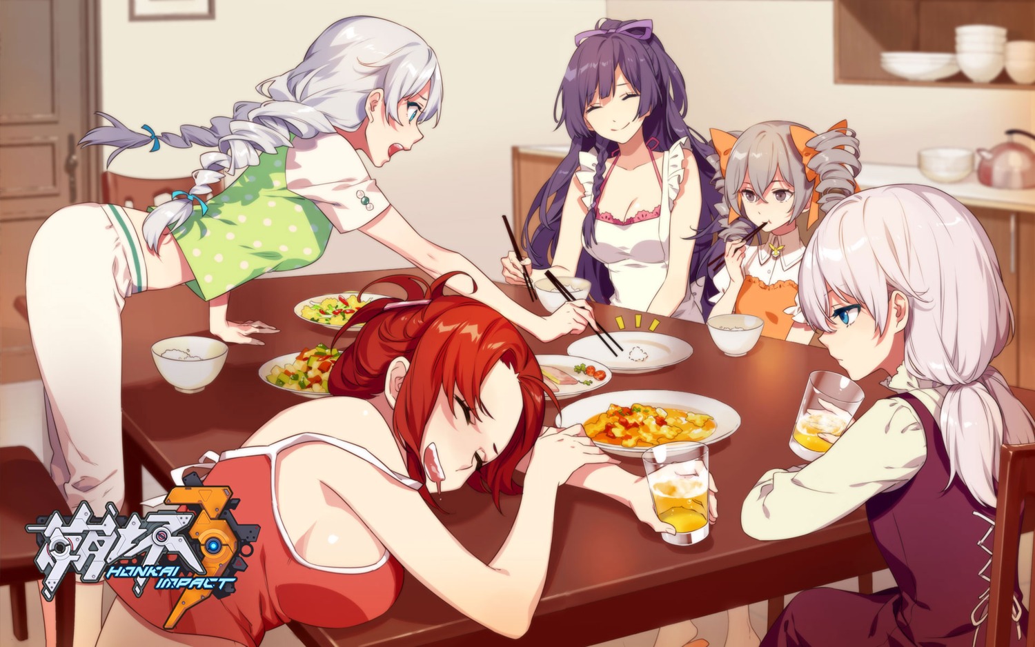 benghuai_xueyuan bronya_zaychik cleavage dress honkai_impact kiana_kaslana murata_himeko raiden_mei theresa_apocalypse wallpaper