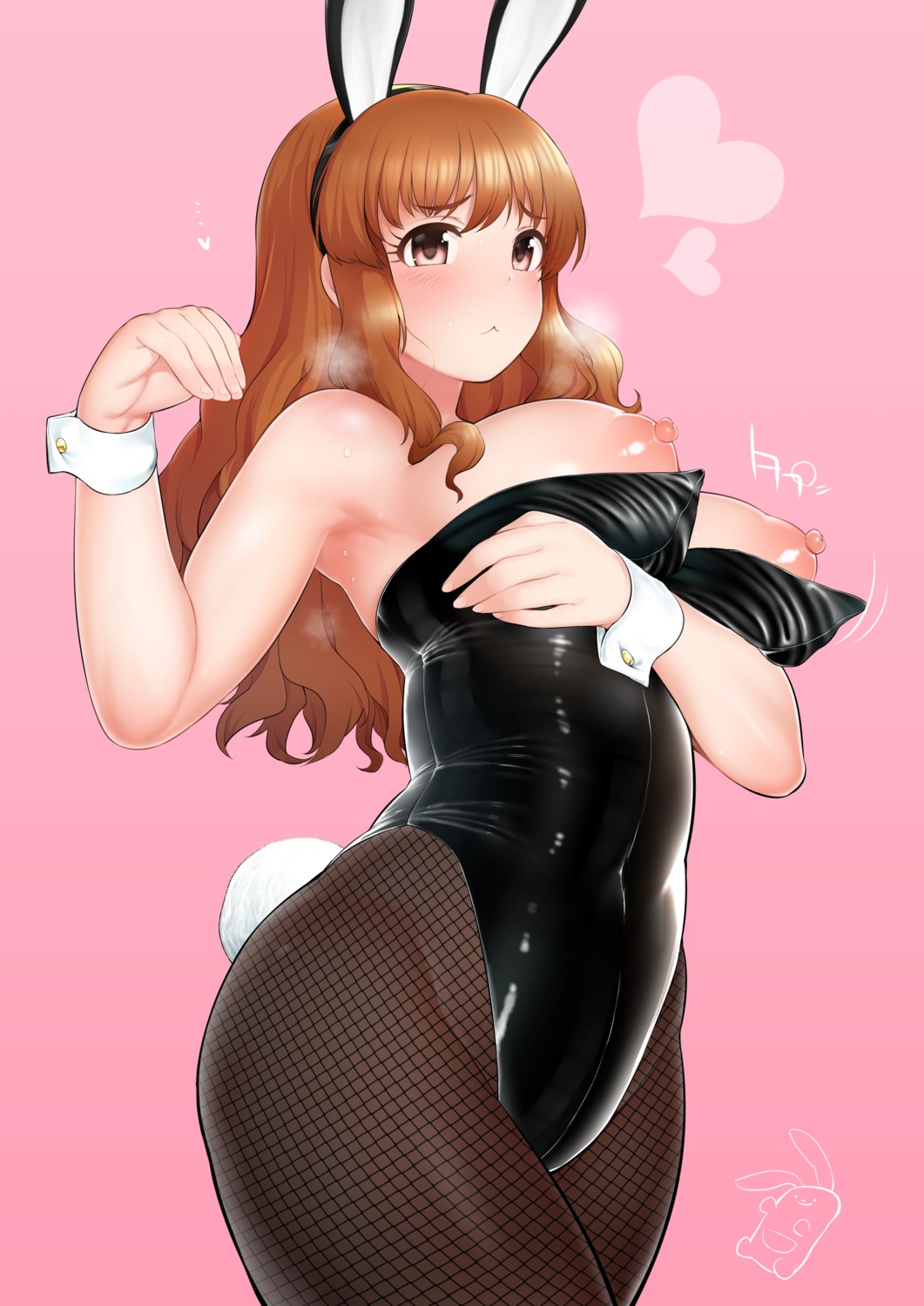 animal_ears breast_hold breasts bunny_ears bunny_girl fishnets moroboshi_kirari nipples no_bra oniku_(oniku029029mm) pantyhose tail the_idolm@ster the_idolm@ster_cinderella_girls