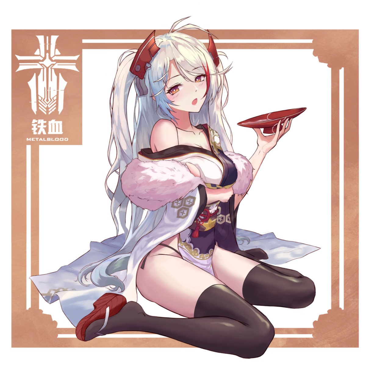 azur_lane breast_hold cleavage dal_song japanese_clothes open_shirt pantsu prinz_eugen_(azur_lane) thighhighs