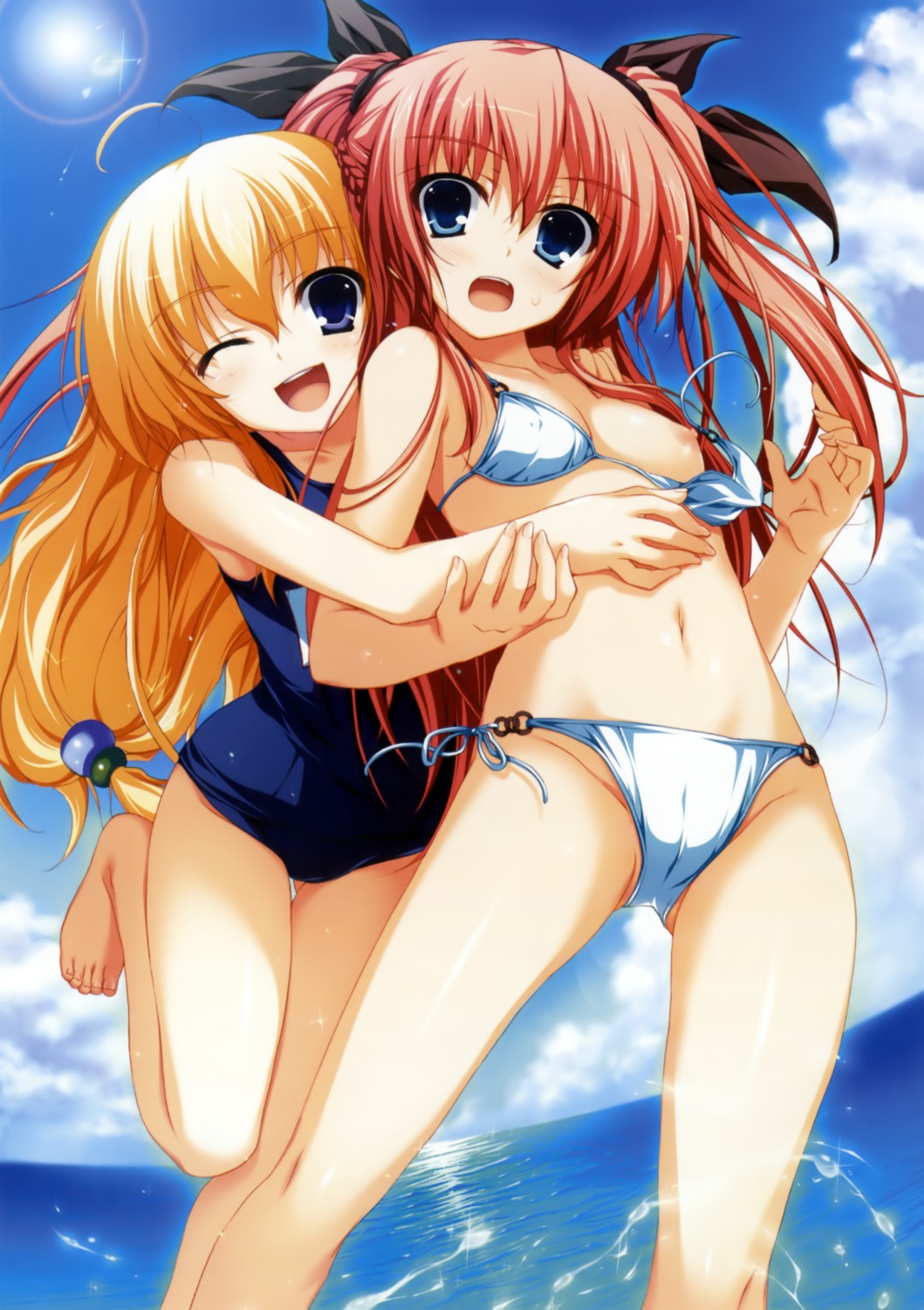 akatsuki_no_goei bikini breasts cameltoe kurayashiki_tae nikaidou_reika nipples school_swimsuit swimsuits tomose_shunsaku wardrobe_malfunction