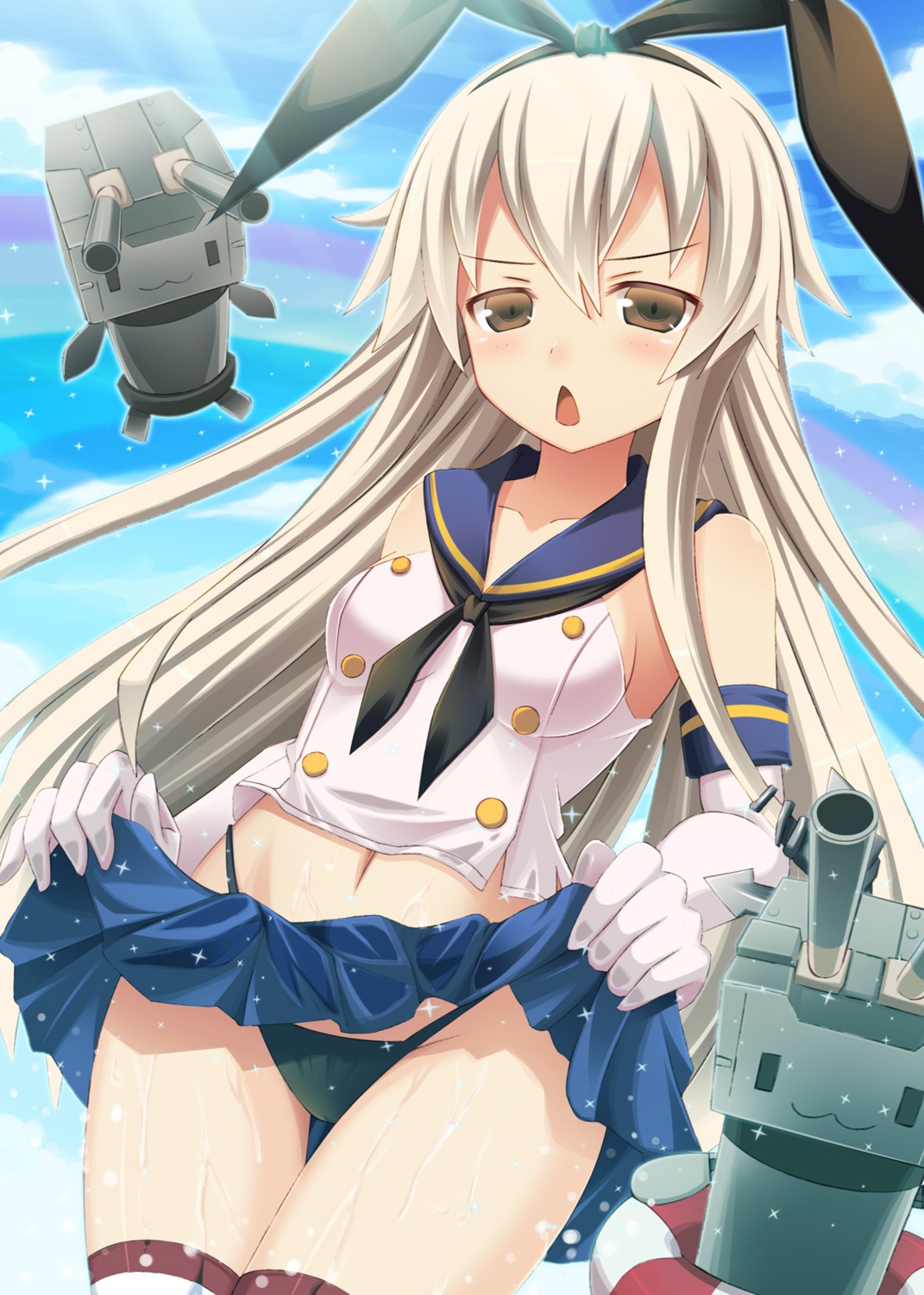 kantai_collection pantsu rensouhou-chan shimakaze_(kancolle) skirt_lift usagi_nezumi wet