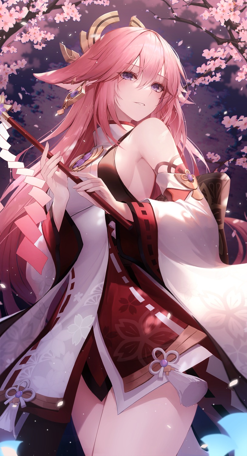 animal_ears chyopeuteu genshin_impact japanese_clothes kitsune no_bra yae_miko