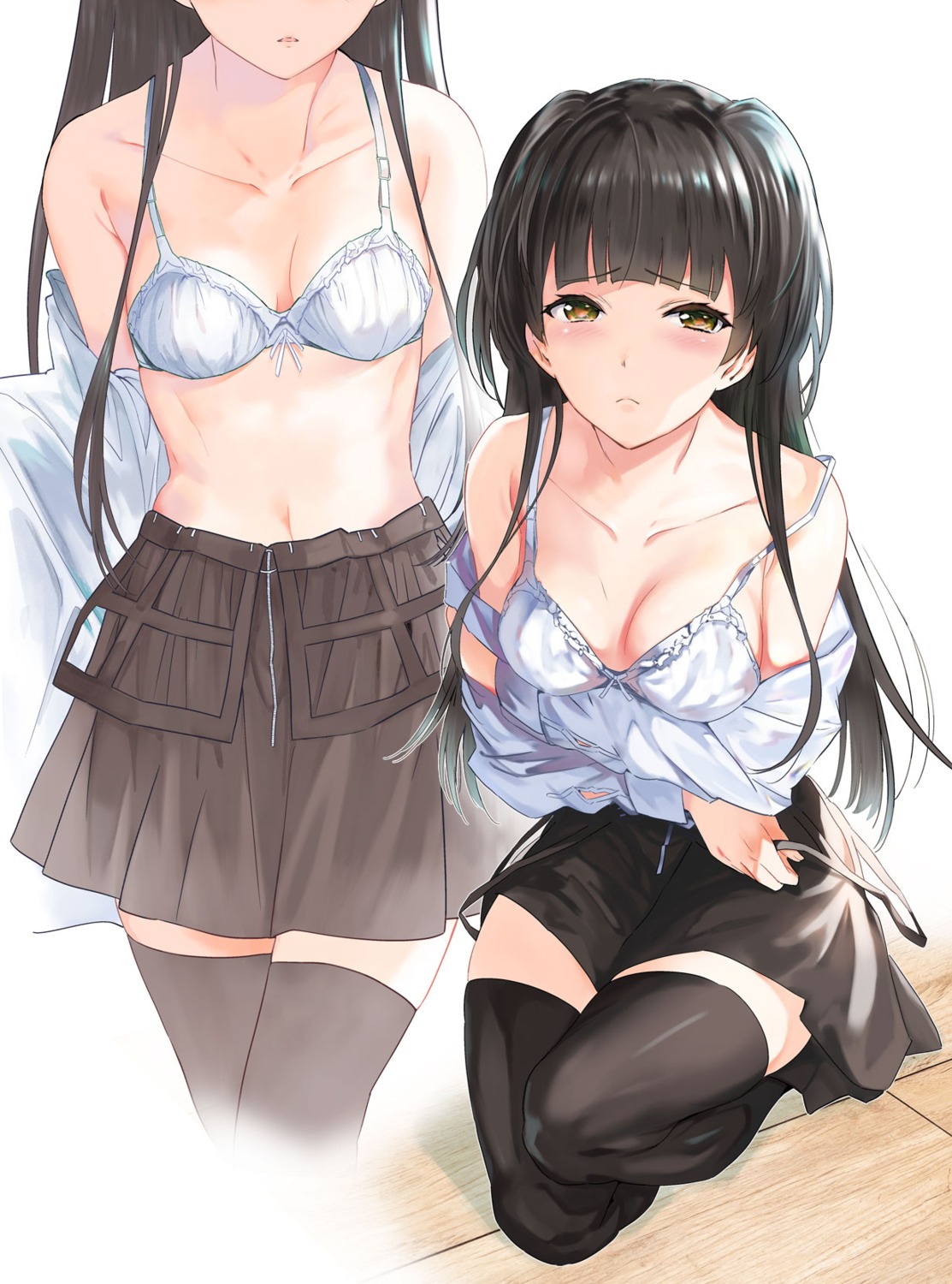 bra breast_hold cleavage mayuzumi_fuyuko metallican open_shirt the_idolm@ster the_idolm@ster_shiny_colors thighhighs undressing