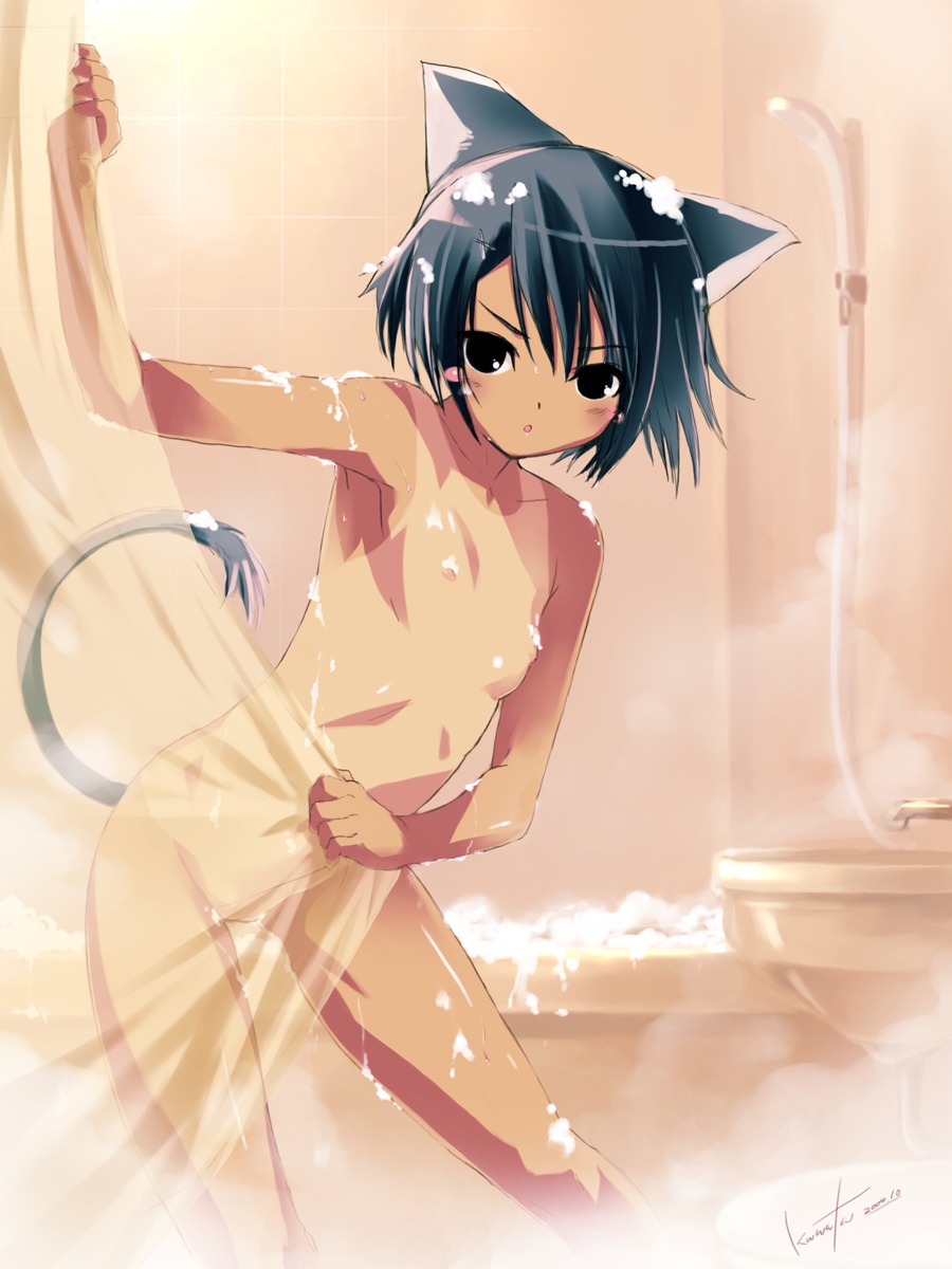 aburaya animal_ears bathing kawata_hisashi naked nekomimi nipples pussy tail tan_lines wet