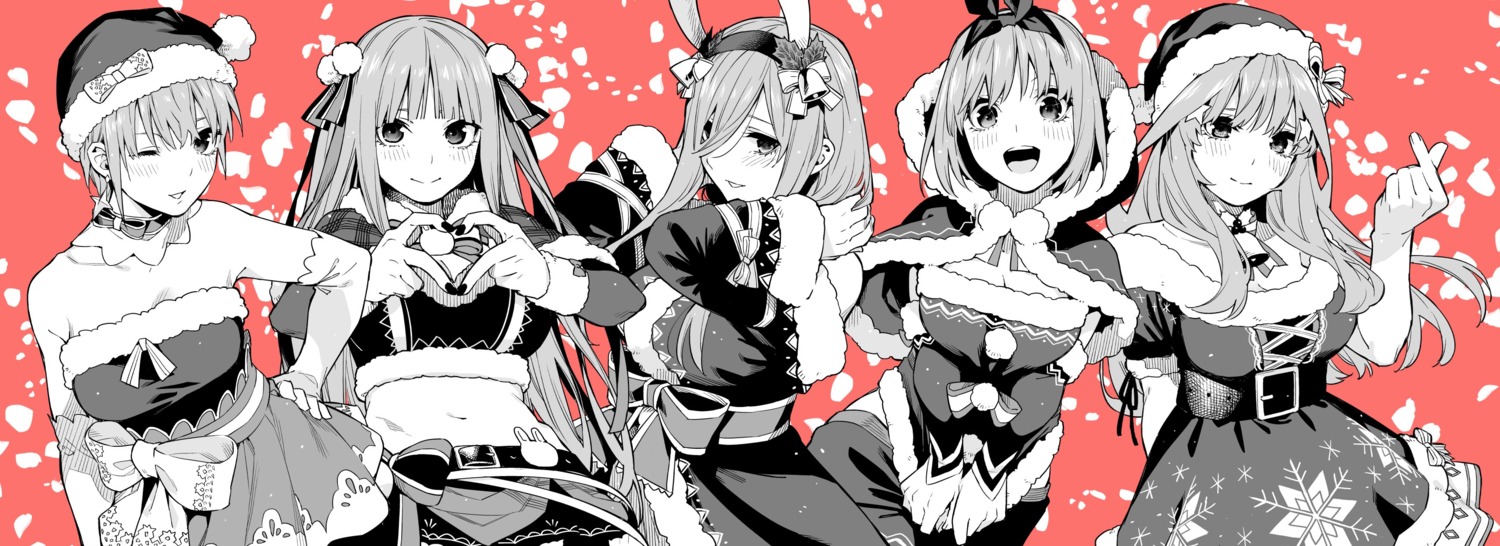 5-toubun_no_hanayome christmas cleavage dress haruba_negi horns monochrome nakano_ichika nakano_itsuki nakano_miku nakano_nino nakano_yotsuba