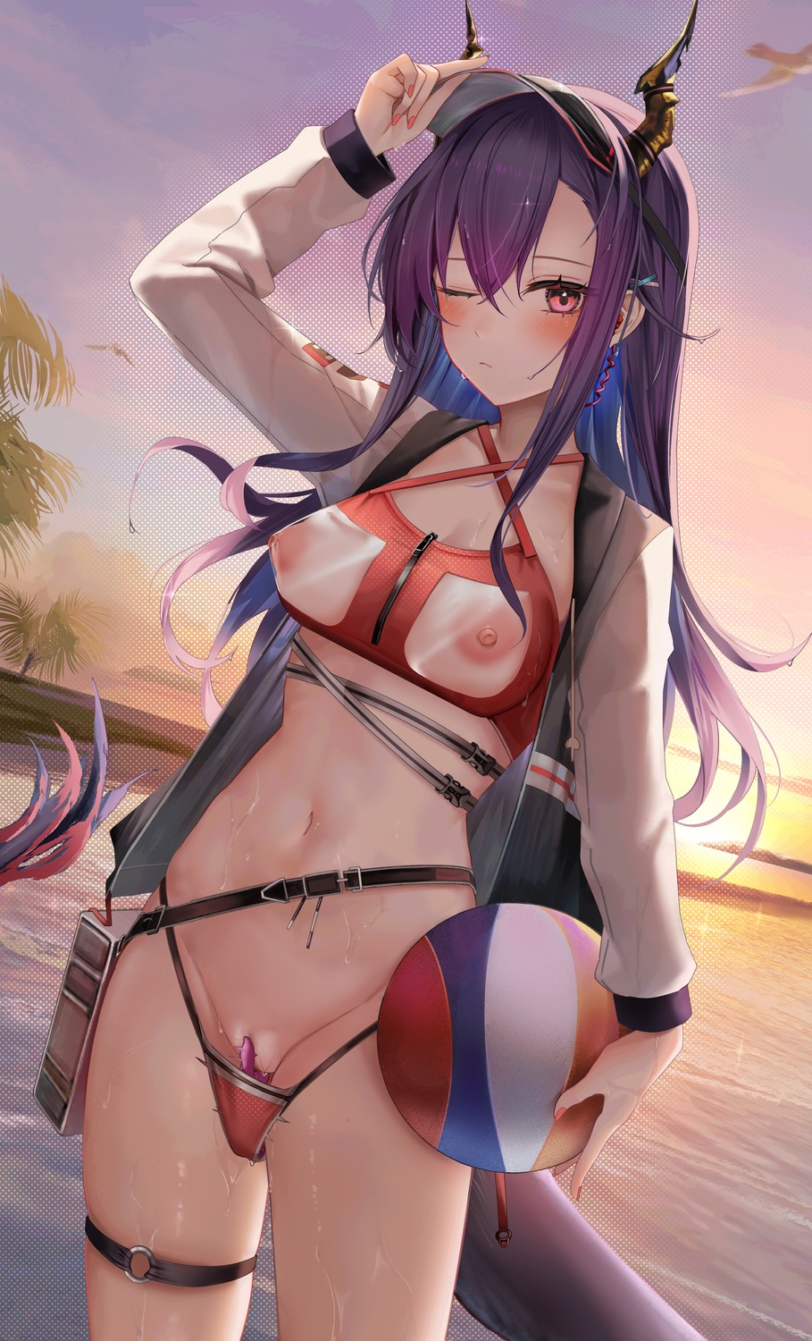 arknights ch'en_(arknights) dildo garter horns nipples open_shirt ru_zhai see_through swimsuits