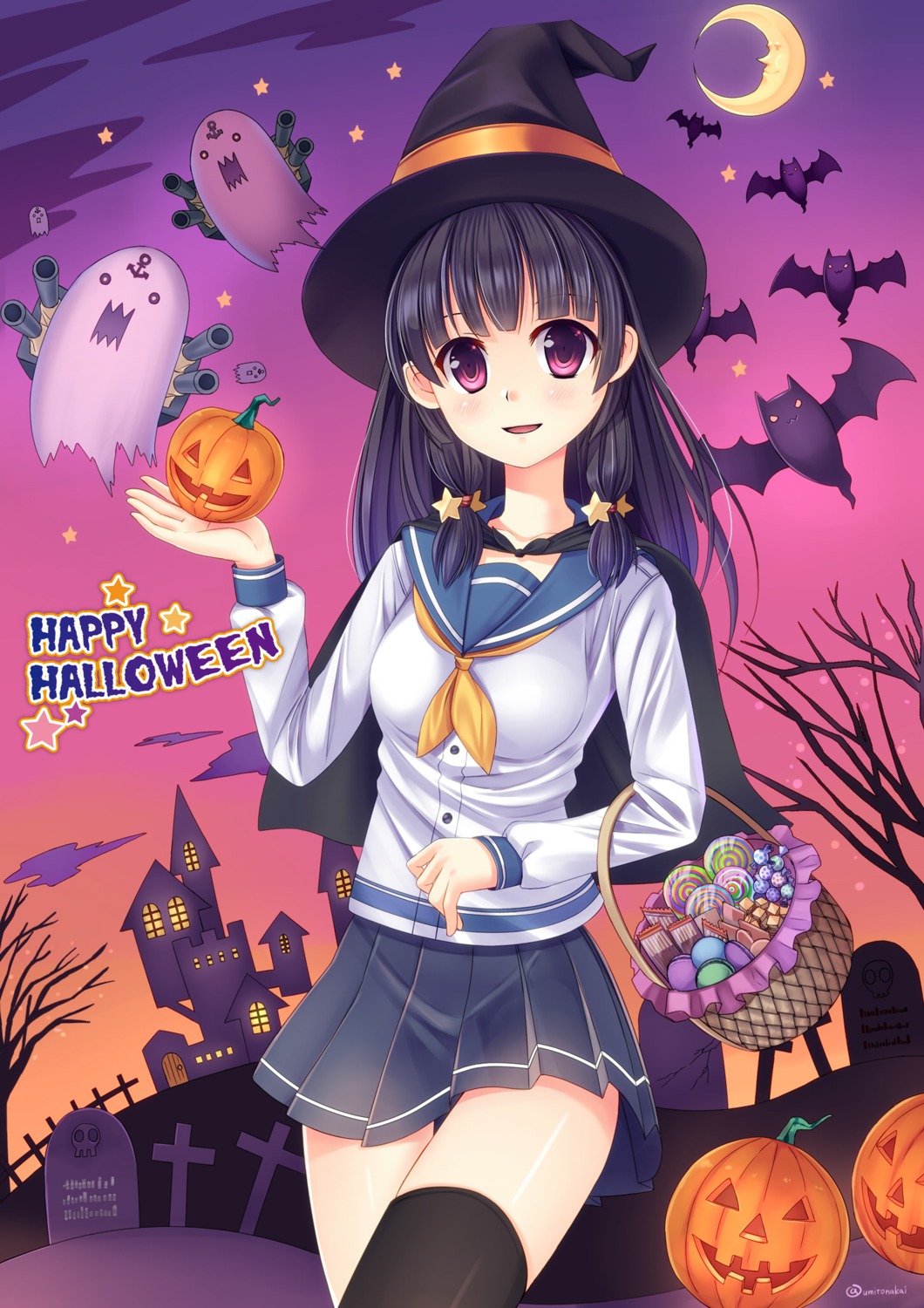 halloween isokaze_(kancolle) kantai_collection seifuku thighhighs umitonakai witch