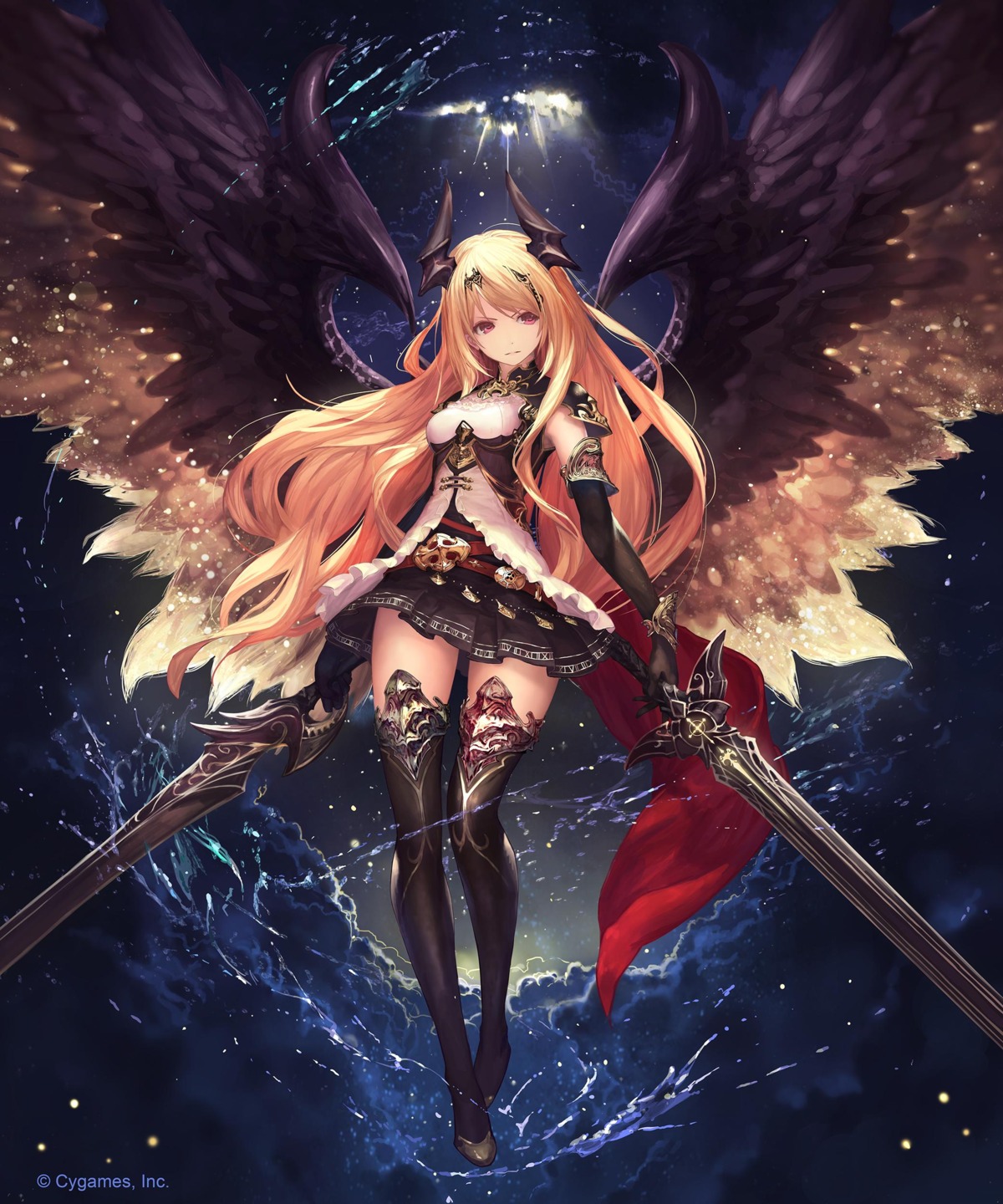 armor dark_angel_olivia dress horns jpeg_artifacts shadowverse shingeki_no_bahamut sword tachikawa_mushimaro thighhighs wings