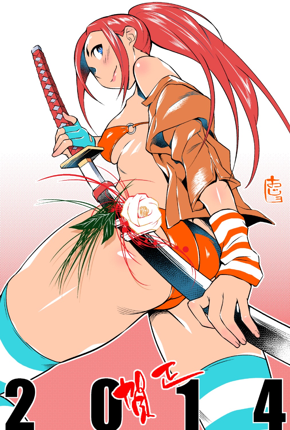 ass bikini dfreak open_shirt swimsuits sword thighhighs