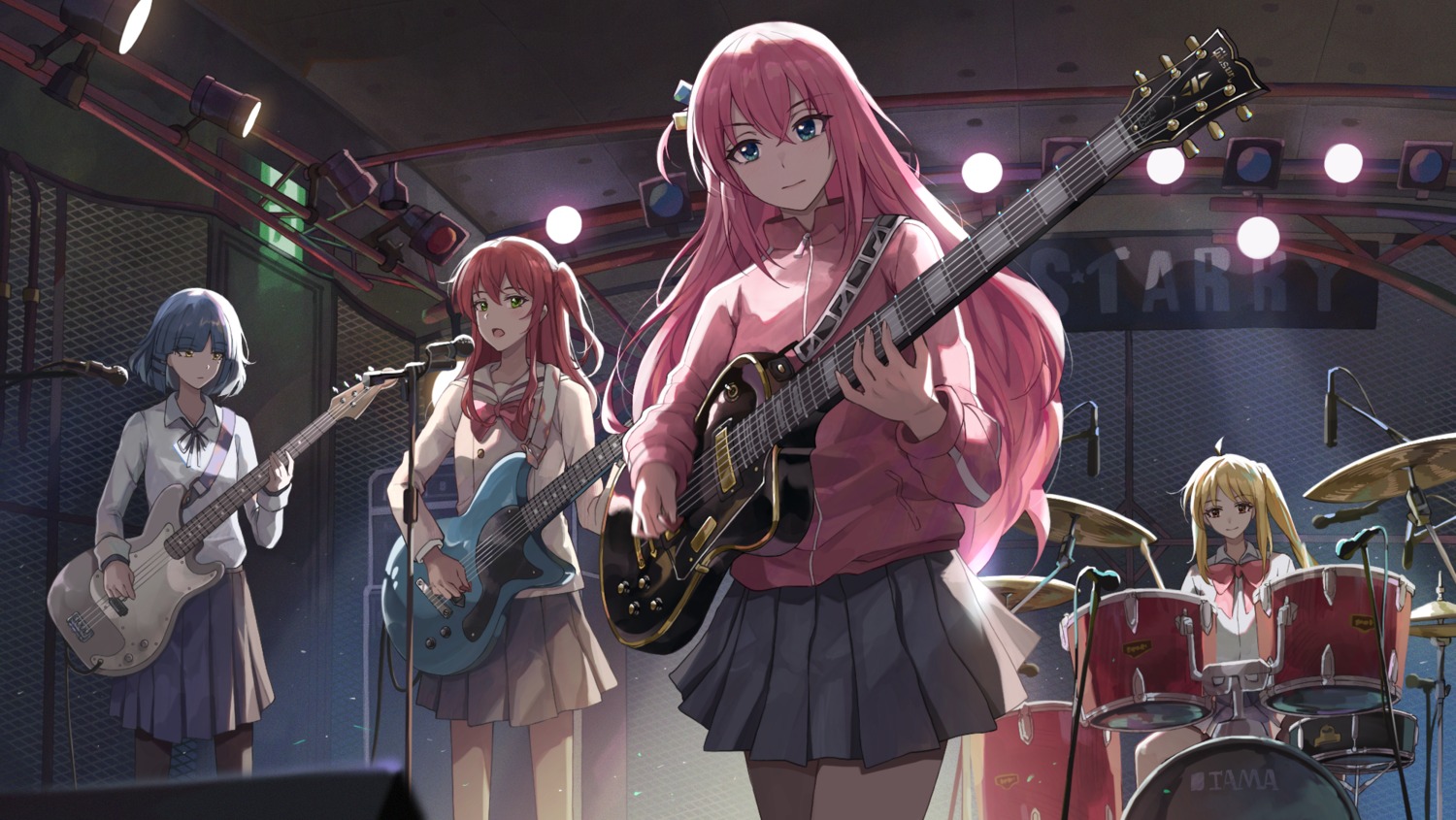 bocchi_the_rock! gotou_hitori guitar gym_uniform ijichi_nijika kita_ikuyo pantyhose seifuku tagme yamada_ryou