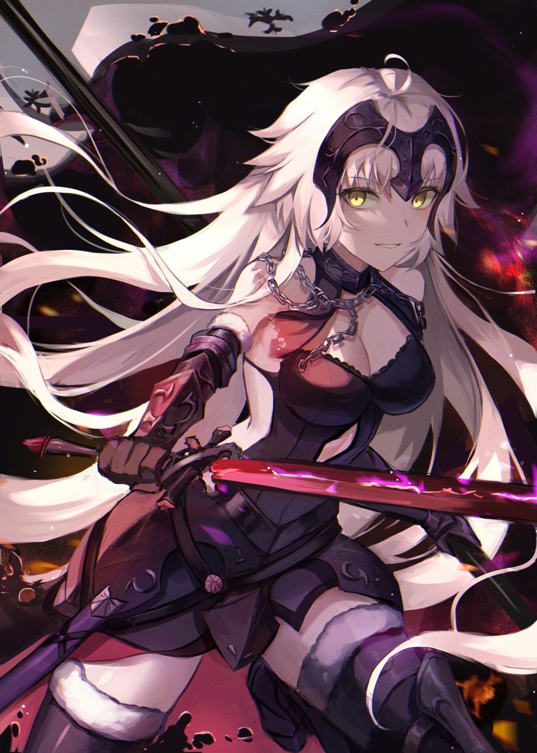 armor cleavage fate/grand_order jeanne_d'arc jeanne_d'arc_(alter)_(fate) kyo_(maae00) sword thighhighs