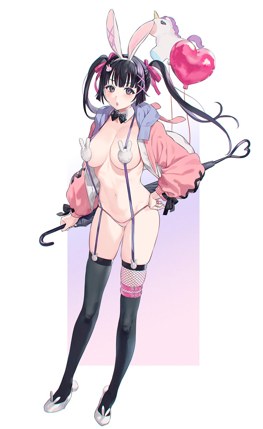 animal_ears bunny_ears bunny_girl fishnets garter mame_ojitan no_bra thighhighs thong umbrella