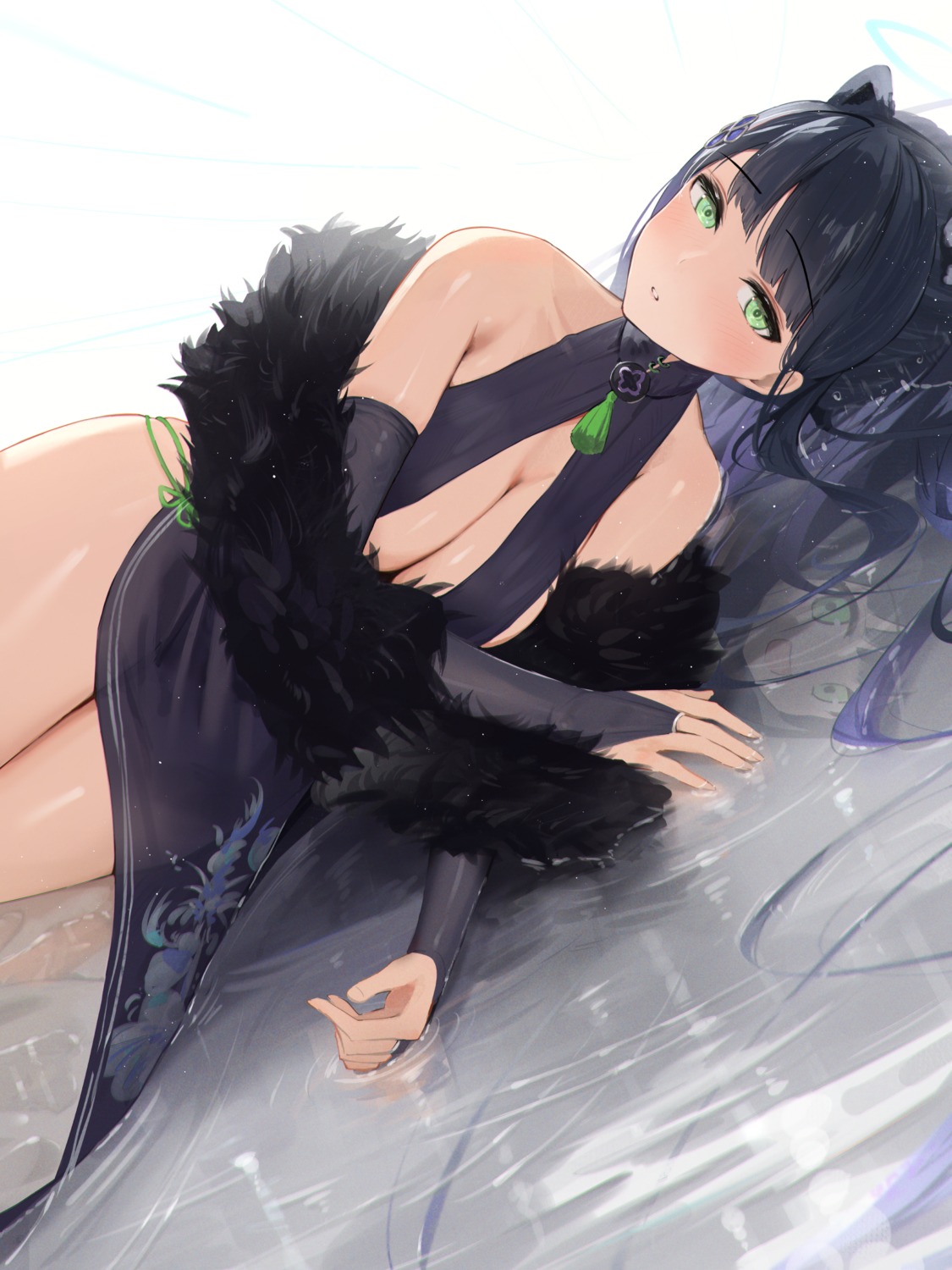 animal_ears asian_clothes blue_archive halo hidulume no_bra see_through sketch sunohara_shun thighhighs wet