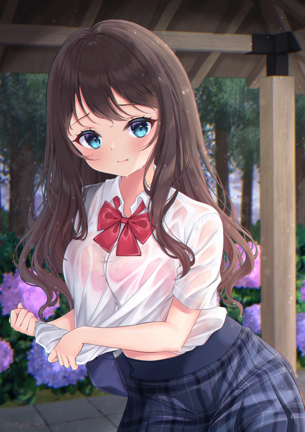 bra mirai_(happy-floral) see_through seifuku shirt_lift wet wet_clothes