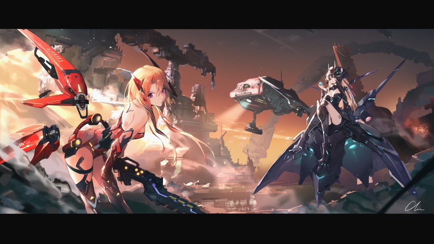 clare_(543) cleavage garter gun leotard mecha_musume tattoo thighhighs