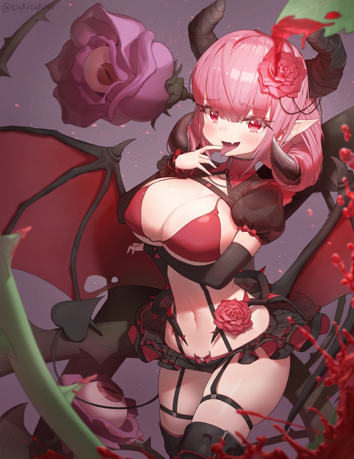 bra breast_hold horns keureu_(tiqkdtiqkd10) pantsu pointy_ears stockings tail thighhighs wings