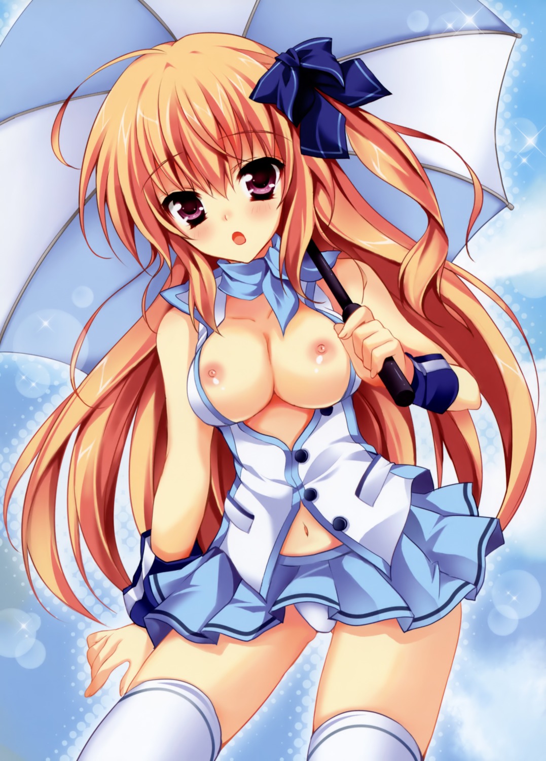 breasts hellrun nipples no_bra open_shirt pantsu thighhighs umbrella