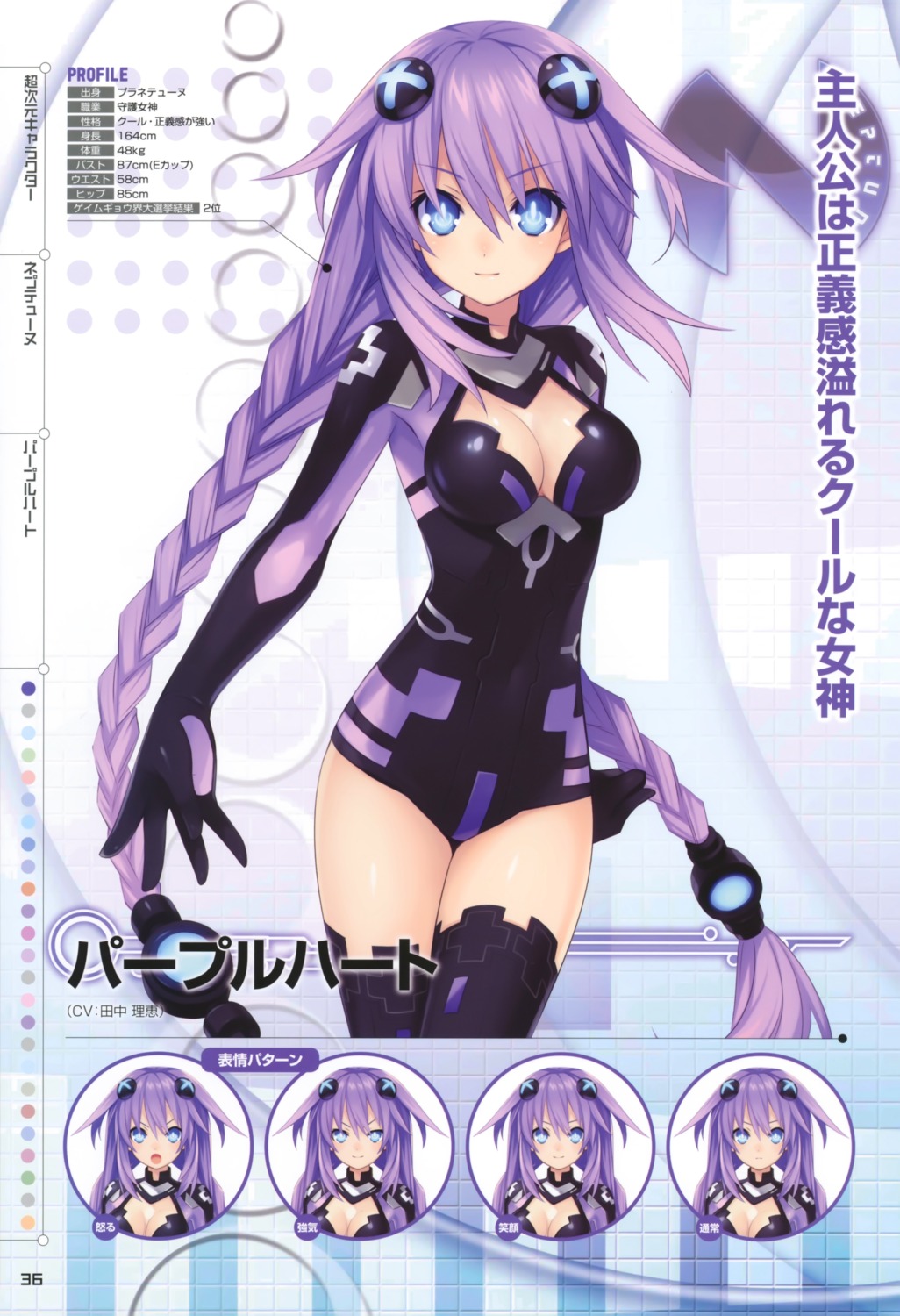 bodysuit choujigen_game_neptune cleavage expression profile_page purple_heart thighhighs tsunako