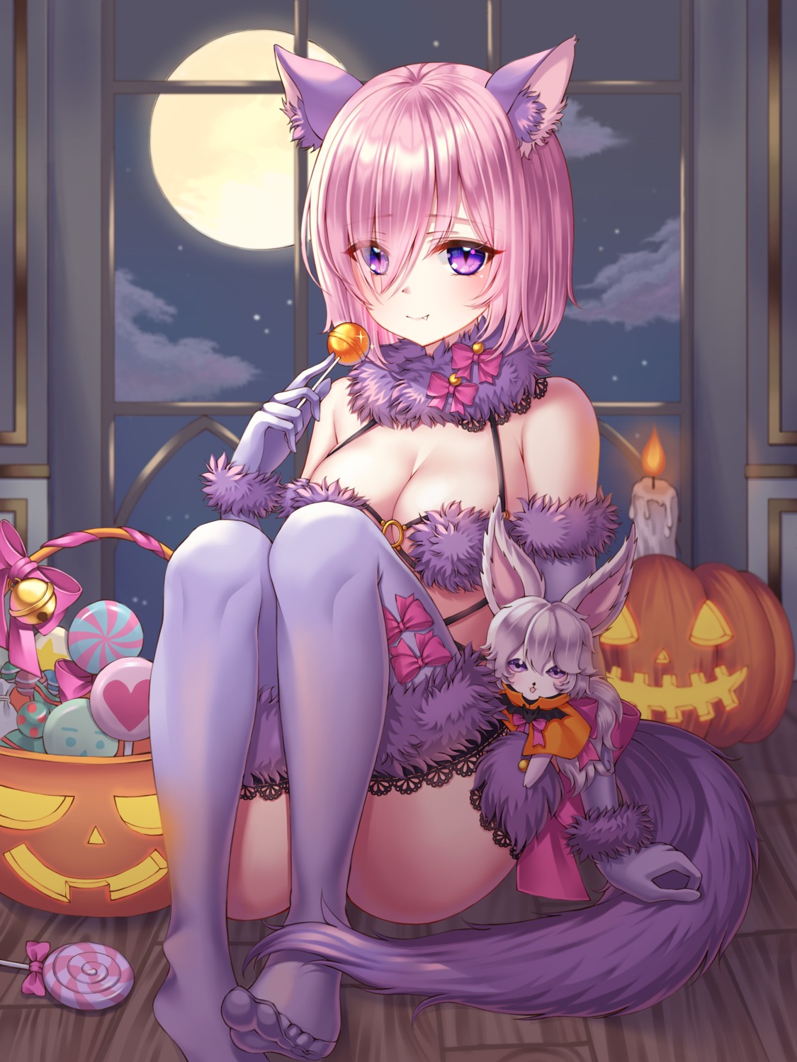 animal_ears fate/grand_order halloween mash_kyrielight no_bra now_(nowsicaa_) tail thighhighs