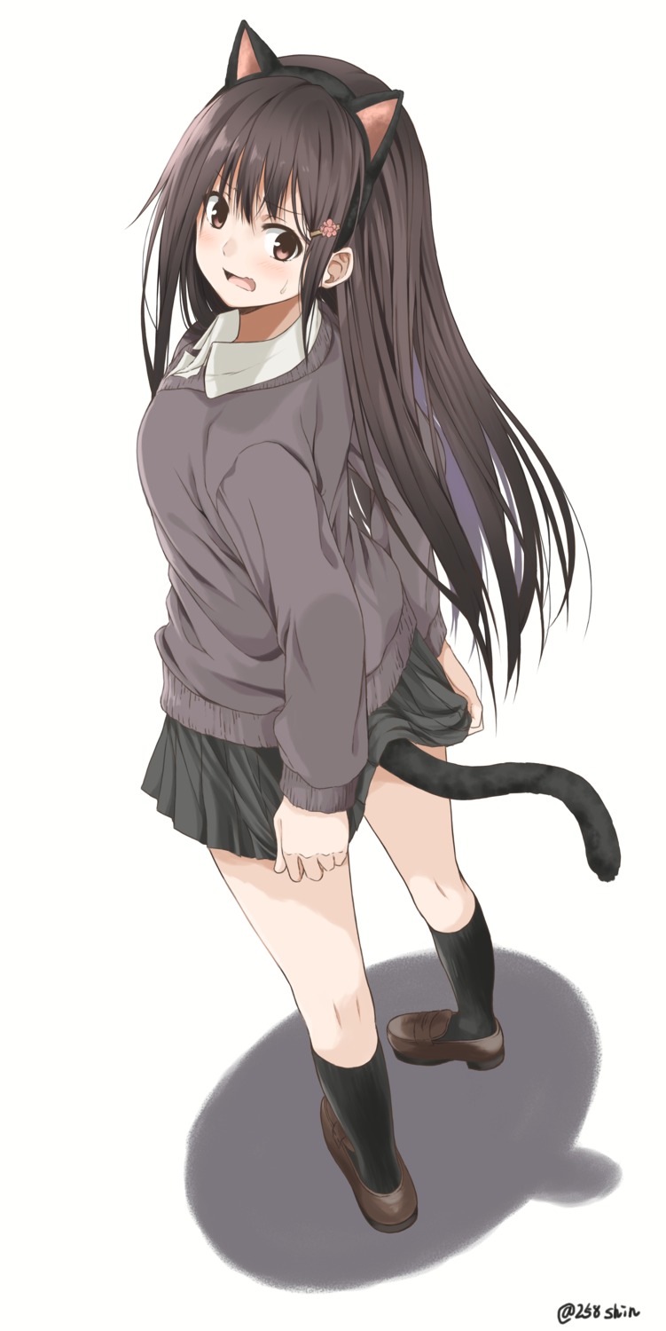 amu_(258shin) animal_ears nekomimi seifuku skirt_lift sweater tail