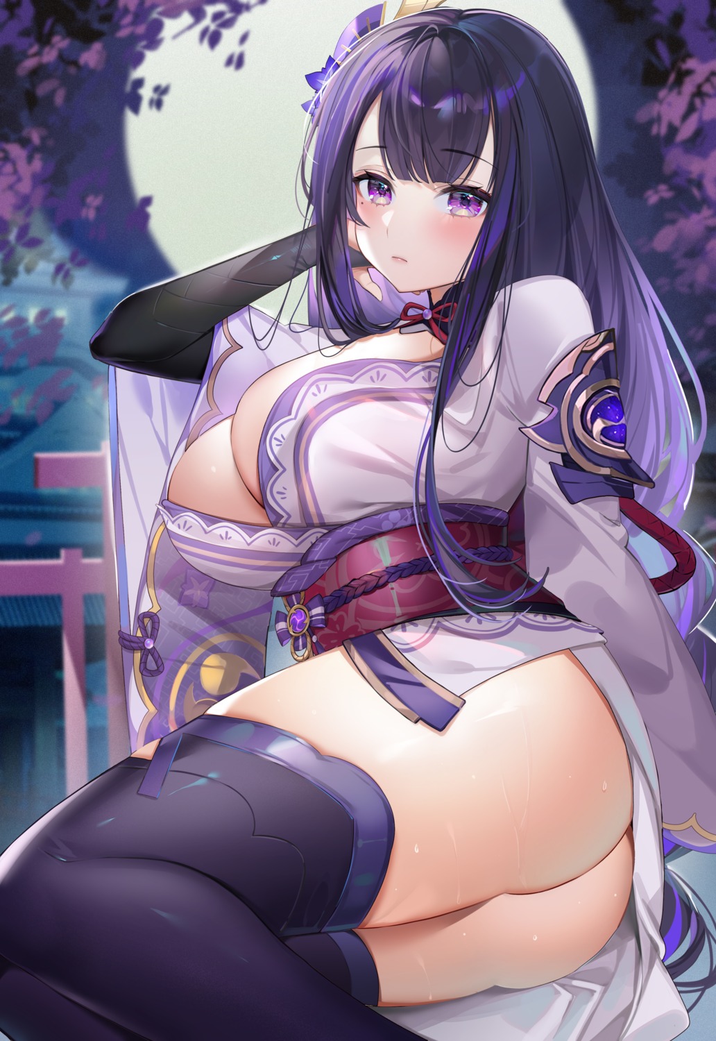 armor ass genshin_impact japanese_clothes machi_(7769) no_bra nopan open_shirt raiden_shogun skirt_lift thighhighs