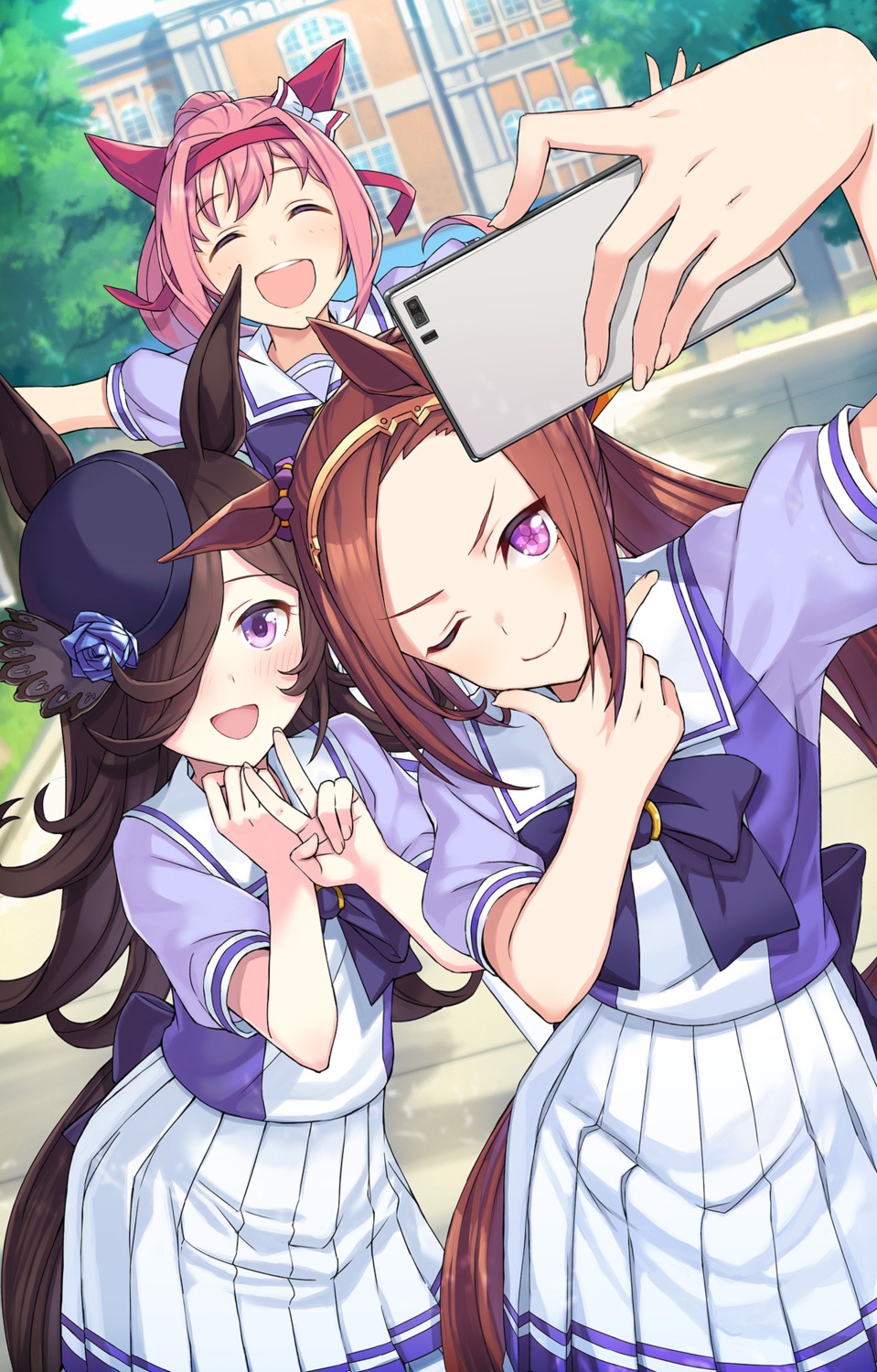 animal_ears haru_urara_(umamusume) itou_(onsoku_tassha) rice_shower_(umamusume) sakura_bakushin_o_(umamusume) seifuku selfie tail uma_musume_pretty_derby