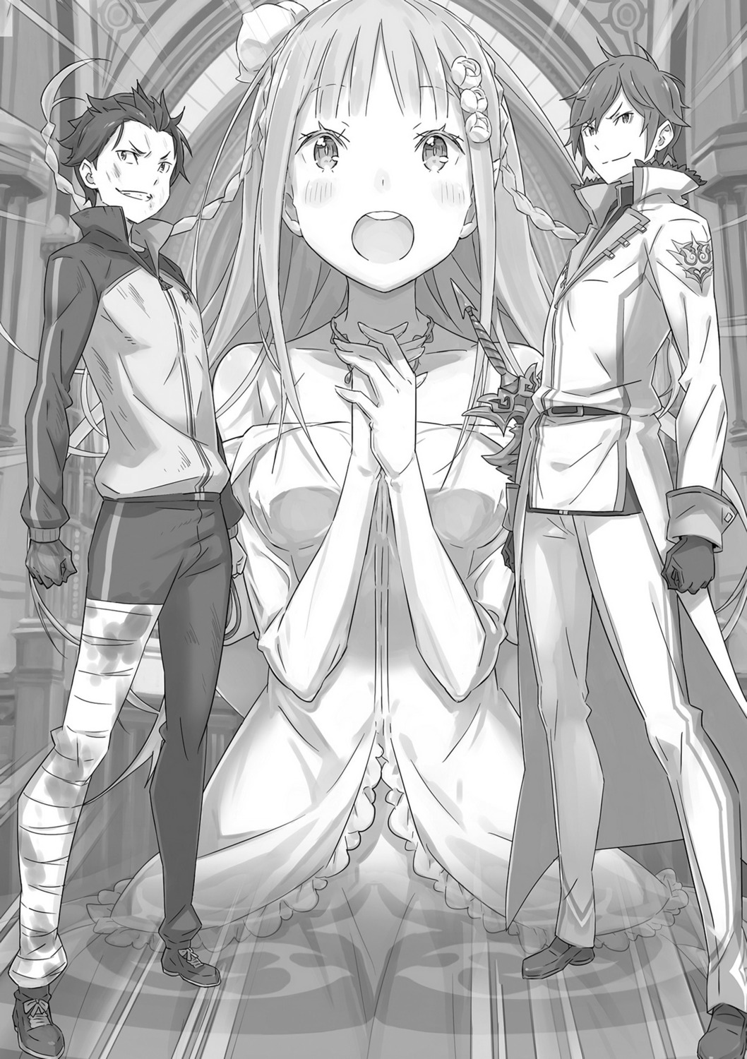 bandages dress elf emilia_(re_zero) monochrome natsuki_subaru no_bra ootsuka_shinichirou pointy_ears re_zero_kara_hajimeru_isekai_seikatsu reinhard_van_astrea sword wedding_dress