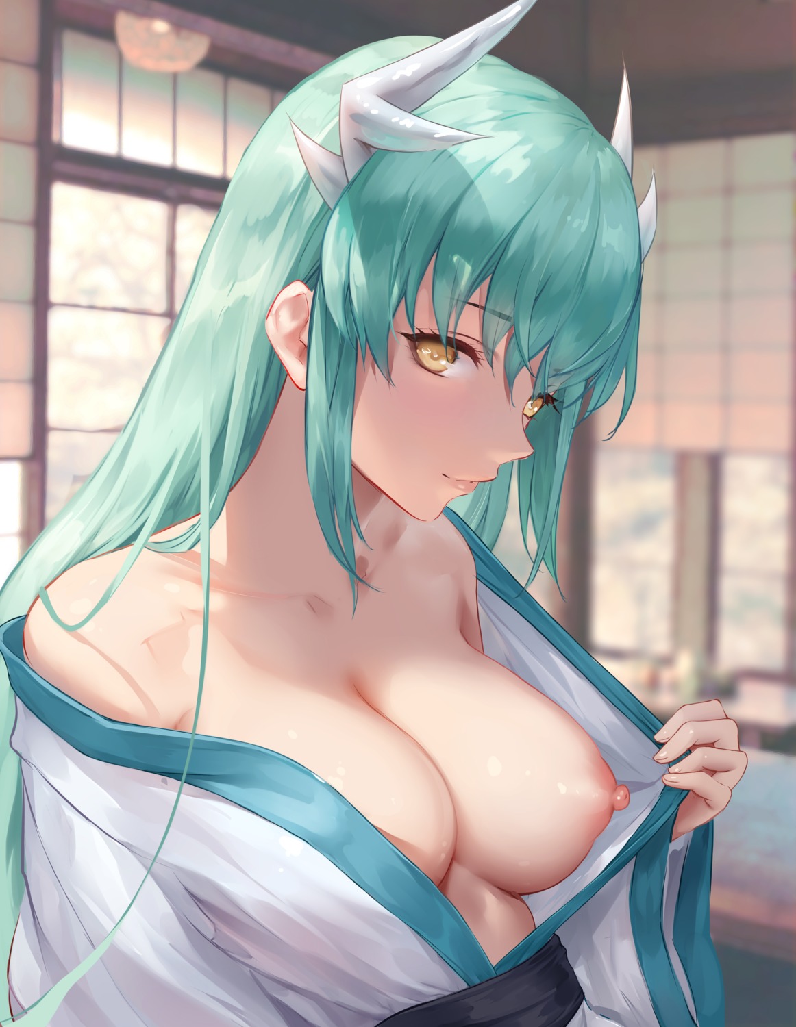 breasts chihunhentai fate/grand_order horns japanese_clothes kiyohime_(fate/grand_order) nipples nopan open_shirt undressing