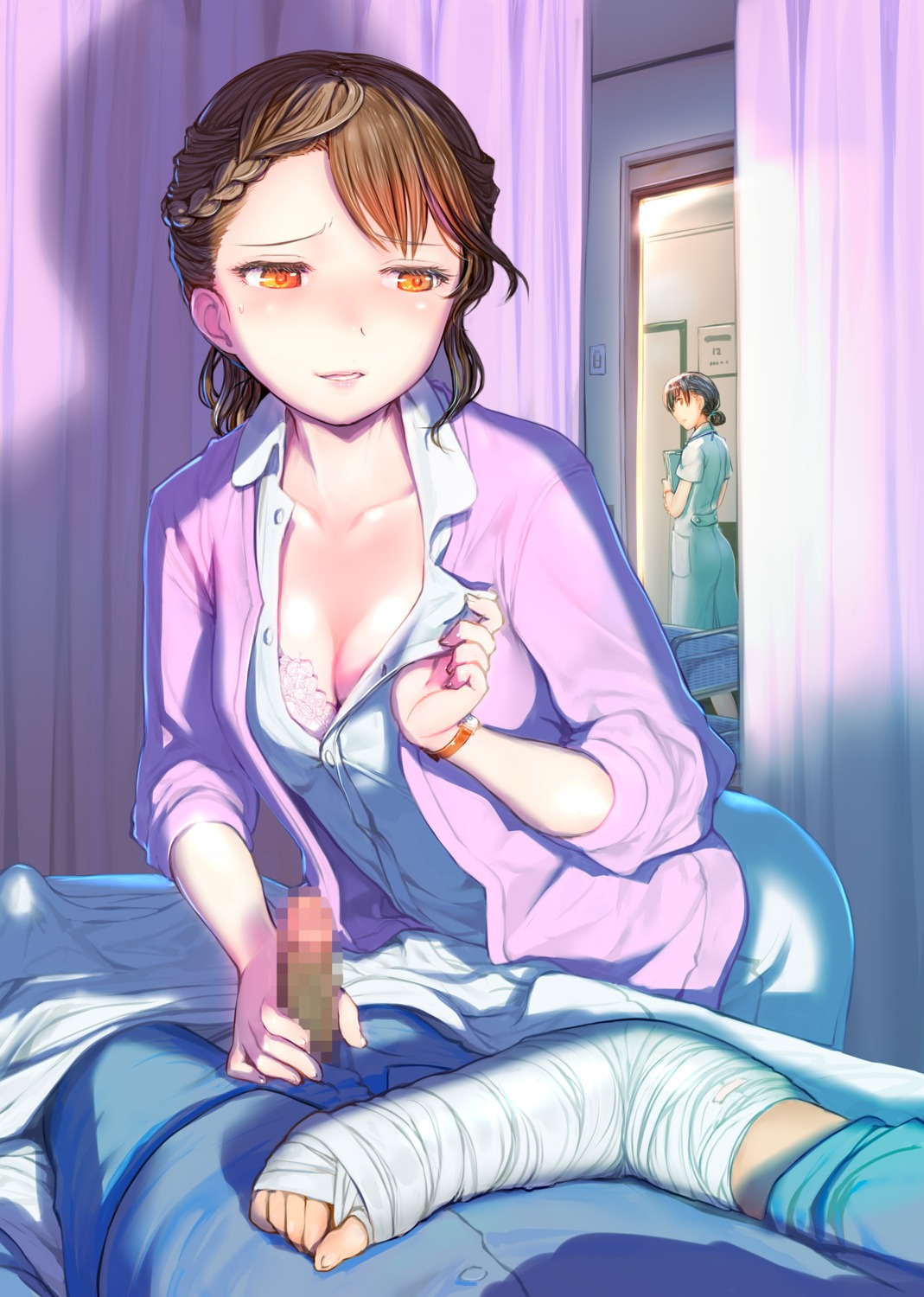 bandages bra breasts censored cleavage handjob mikazuki_akira nurse open_shirt penis sweater undressing