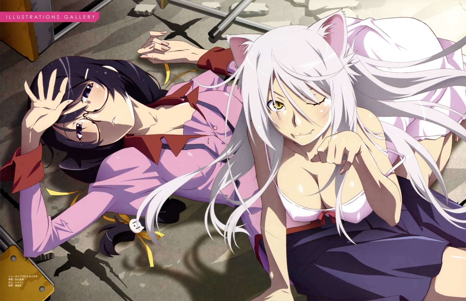 animal_ears bakemonogatari black_hanekawa cleavage hanekawa_tsubasa megane monogatari_(series) seifuku sugiyama_nobuhiro