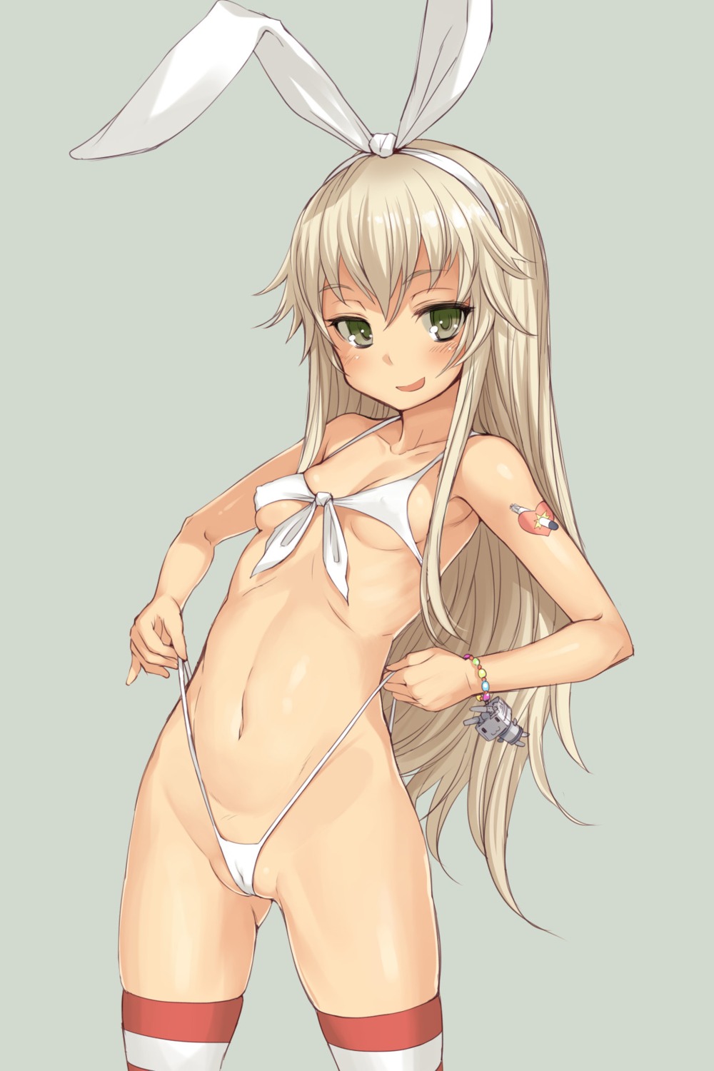 bikini bosshi cameltoe erect_nipples kantai_collection loli shimakaze_(kancolle) swimsuits tattoo thighhighs thong