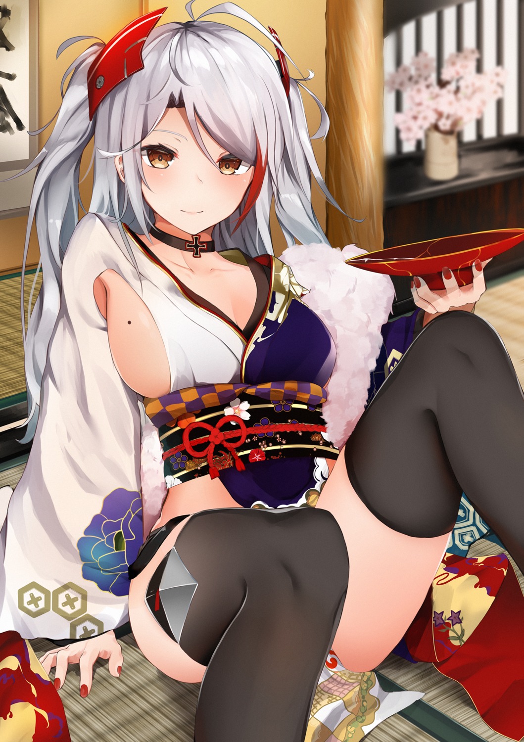 azur_lane cleavage japanese_clothes prinz_eugen_(azur_lane) syun_(05250) thighhighs