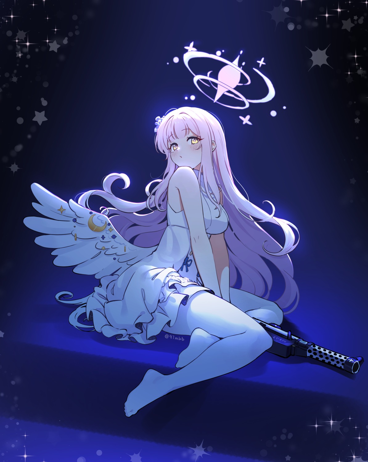 97_mubi_bai angel blue_archive dress gun misono_mika pantyhose wings