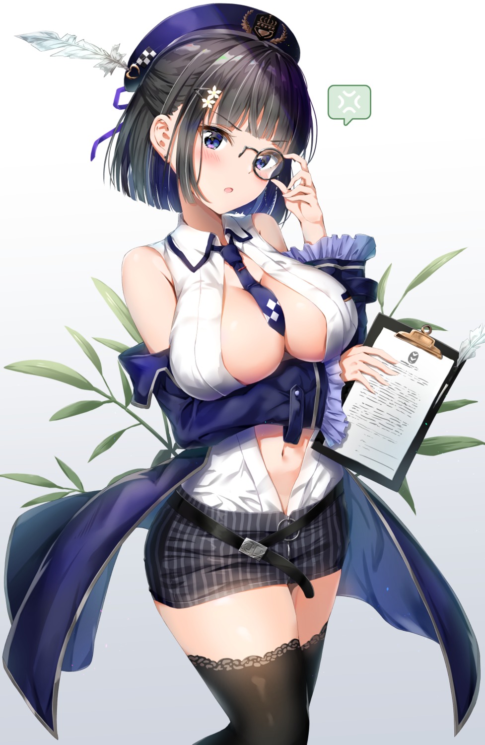 breast_hold kuria_(clear_trip_second) megane no_bra open_shirt thighhighs