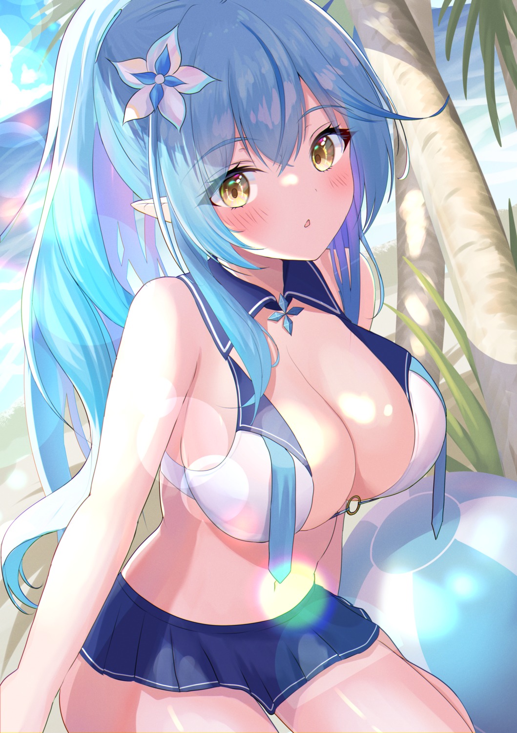 bikini elf hololive onabe_no_shime pointy_ears swimsuits wet yukihana_lamy