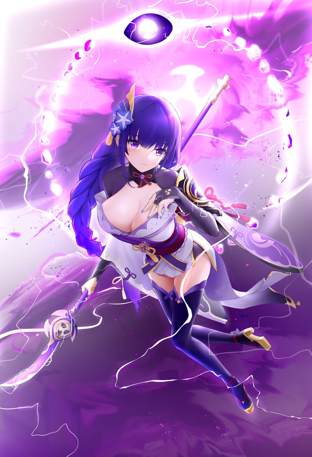 armor genshin_impact heels japanese_clothes no_bra open_shirt raiden_shogun thighhighs weapon wrddd