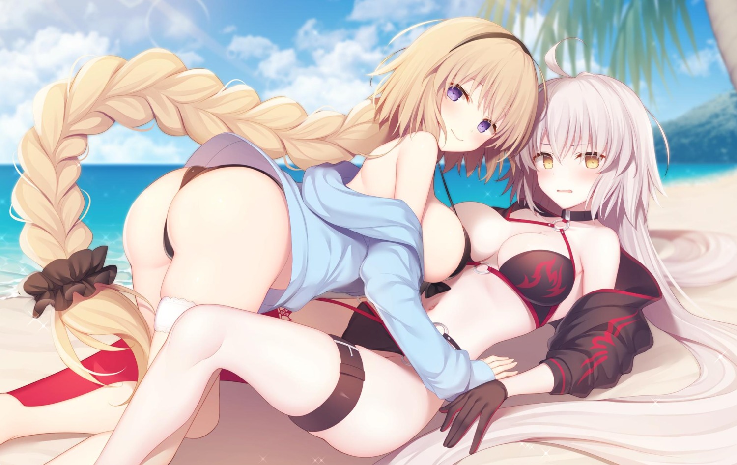 ass bikini fate/grand_order garter jeanne_d'arc jeanne_d'arc_(alter)_(fate) jeanne_d'arc_(fate) miko_92 open_shirt swimsuits thong