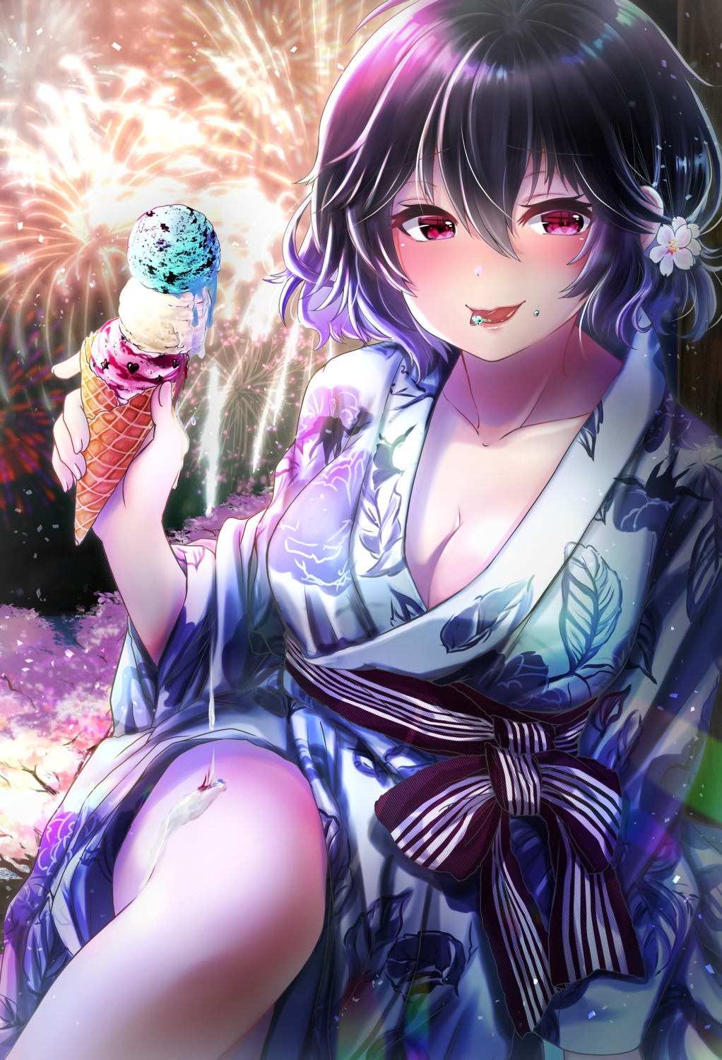 cleavage cream open_shirt shimotsukishin skirt_lift yukata