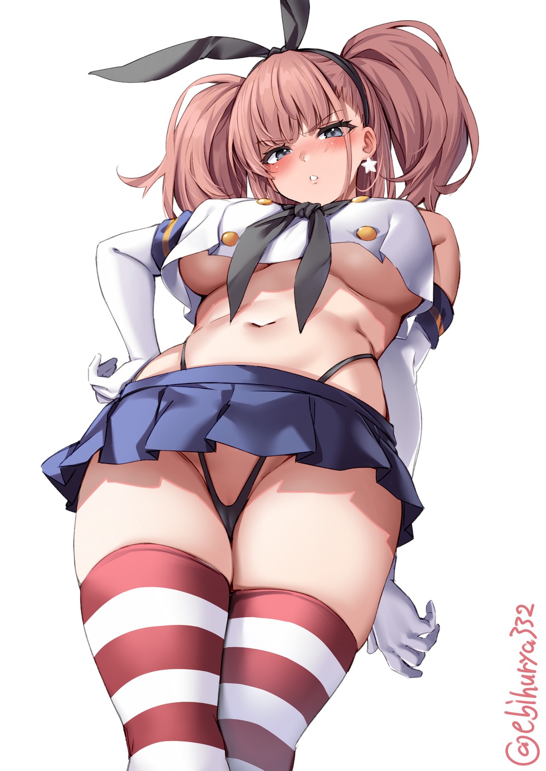 atlanta_(kancolle) cameltoe cosplay ebifurya kantai_collection no_bra pantsu seifuku shimakaze_(kancolle) thighhighs thong underboob