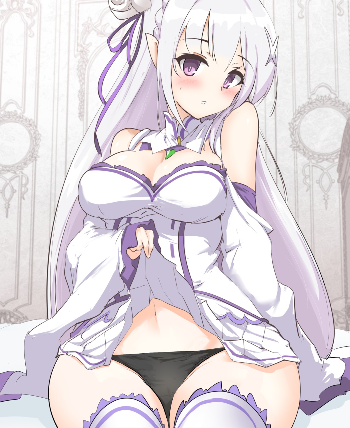 cleavage elf emilia_(re_zero) momio pantsu pointy_ears re_zero_kara_hajimeru_isekai_seikatsu skirt_lift thighhighs