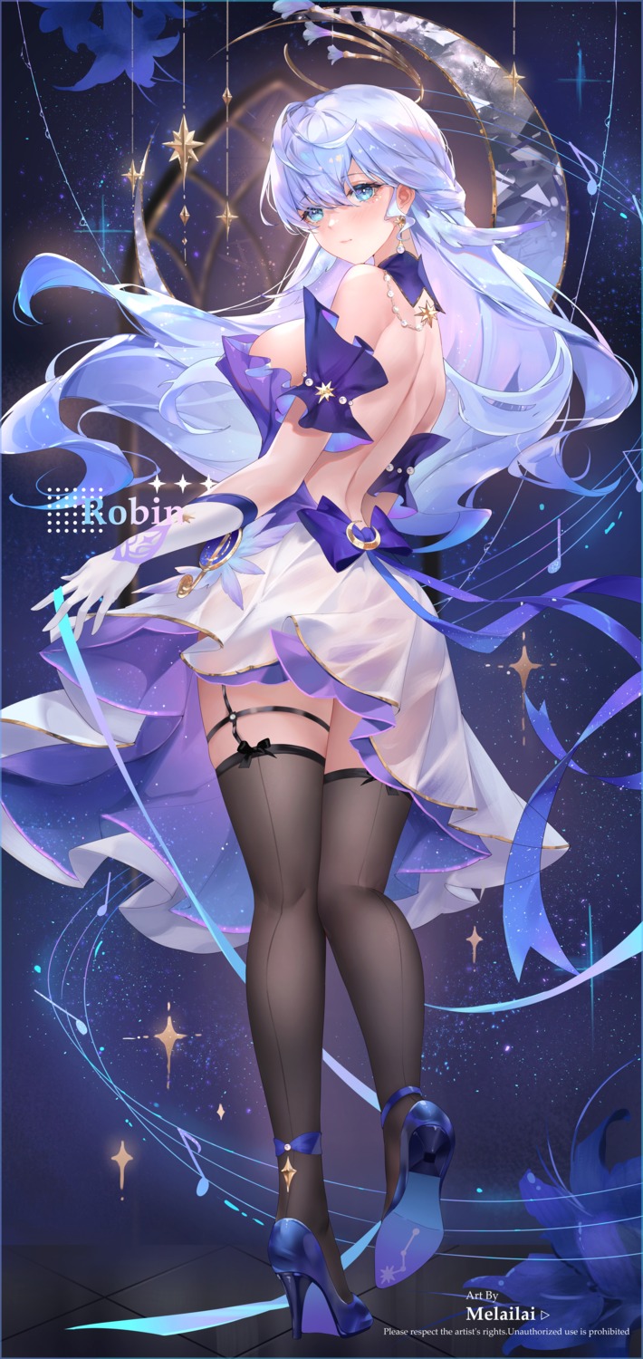 garter halo heels honkai:_star_rail melailai no_bra robin see_through skirt_lift stockings thighhighs