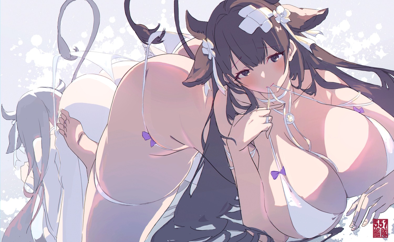 animal_ears ass azur_lane bikini garter horns kashino_(azur_lane) merican_sack panty_pull swimsuits tail thong undressing