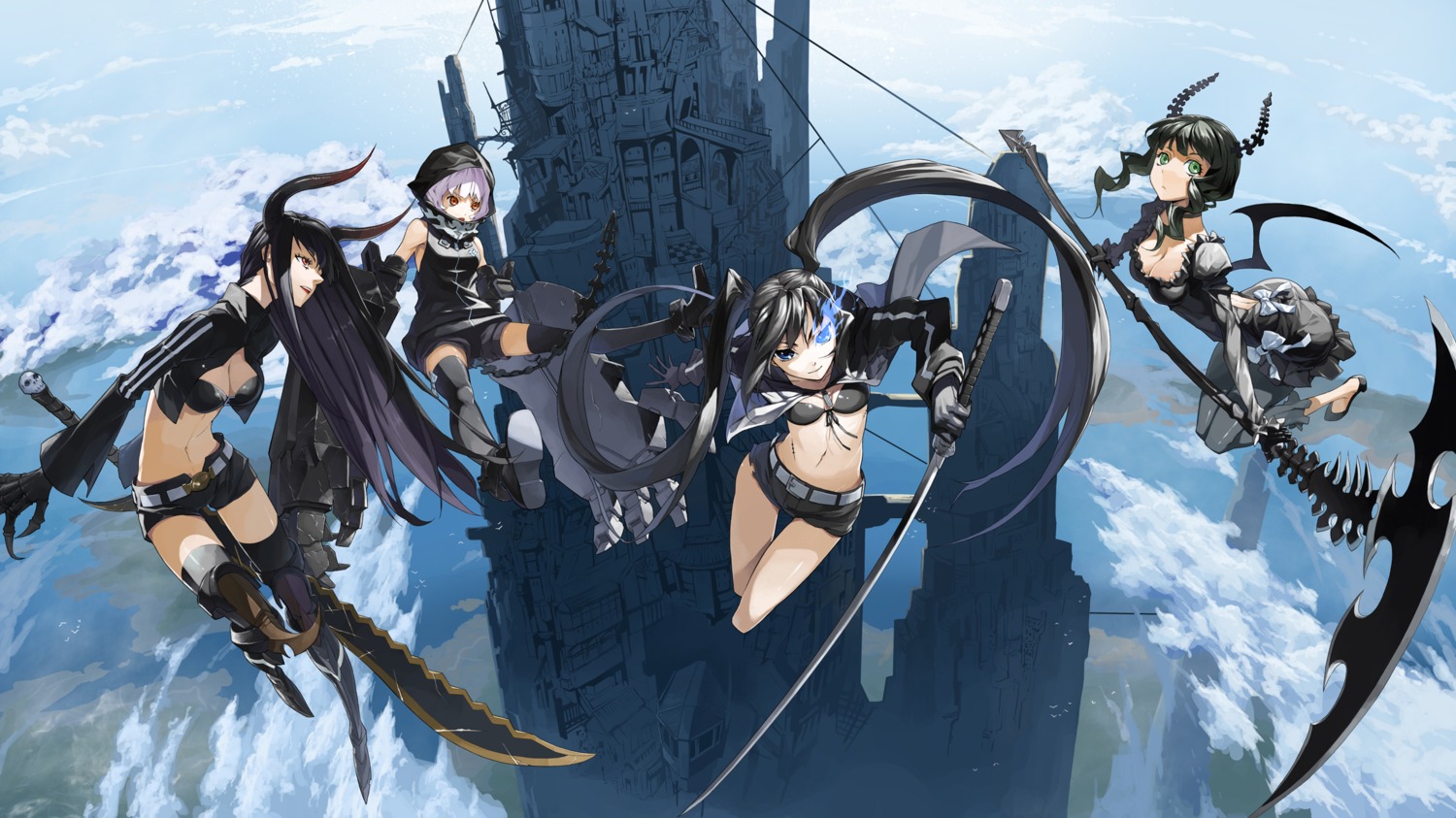 bikini_top black_gold_saw black_rock_shooter black_rock_shooter_(character) cleavage dead_master horns justminor strength swimsuits sword thighhighs vocaloid