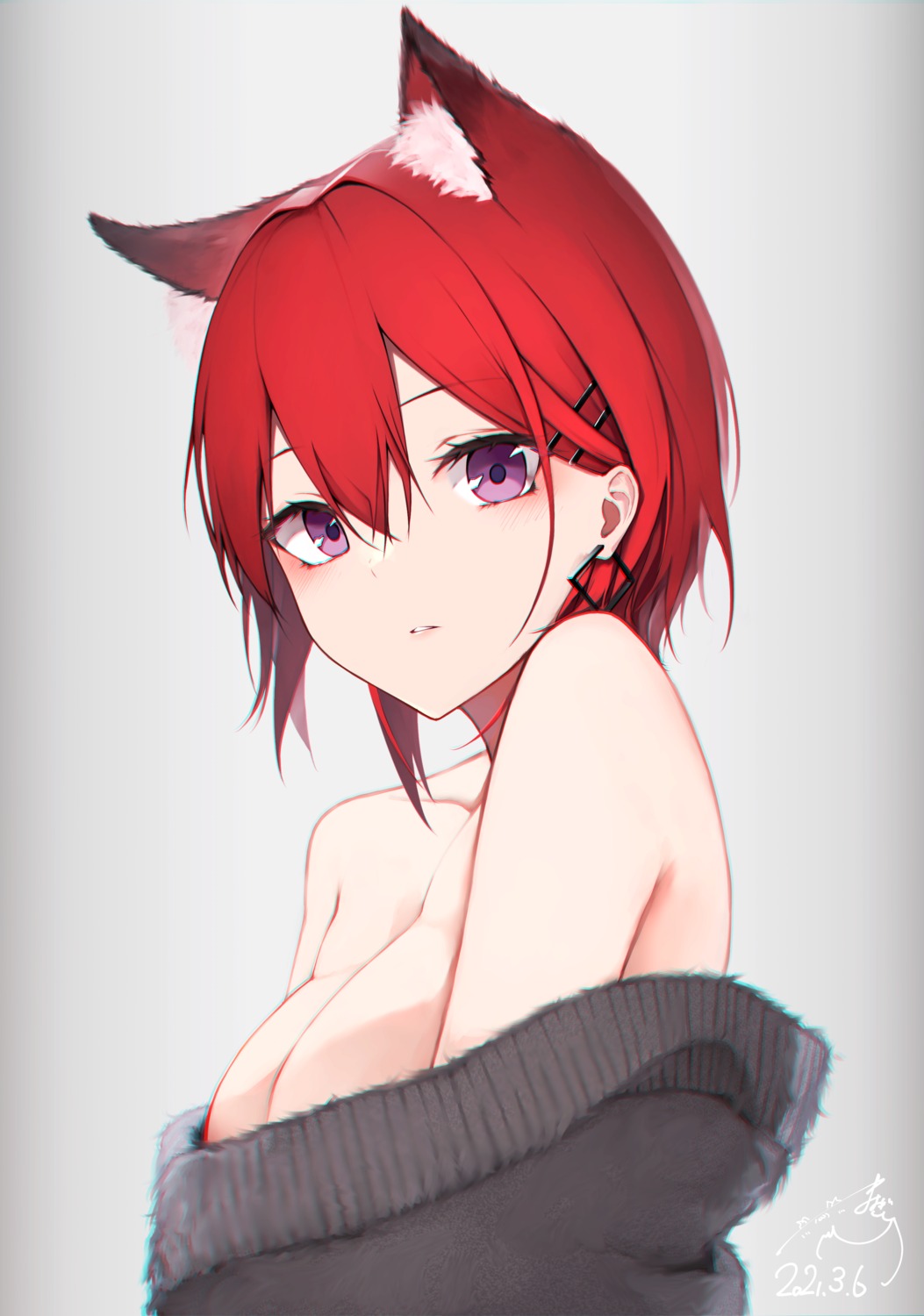 animal_ears mayogii no_bra open_shirt sweater