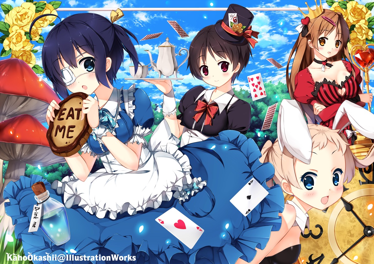 alice_in_wonderland animal_ears bunny_ears bunny_girl chuunibyou_demo_koi_ga_shitai! cleavage crossover dekomori_sanae dress eyepatch kaho_okashii nibutani_shinka takanashi_rikka tsuyuri_kumin