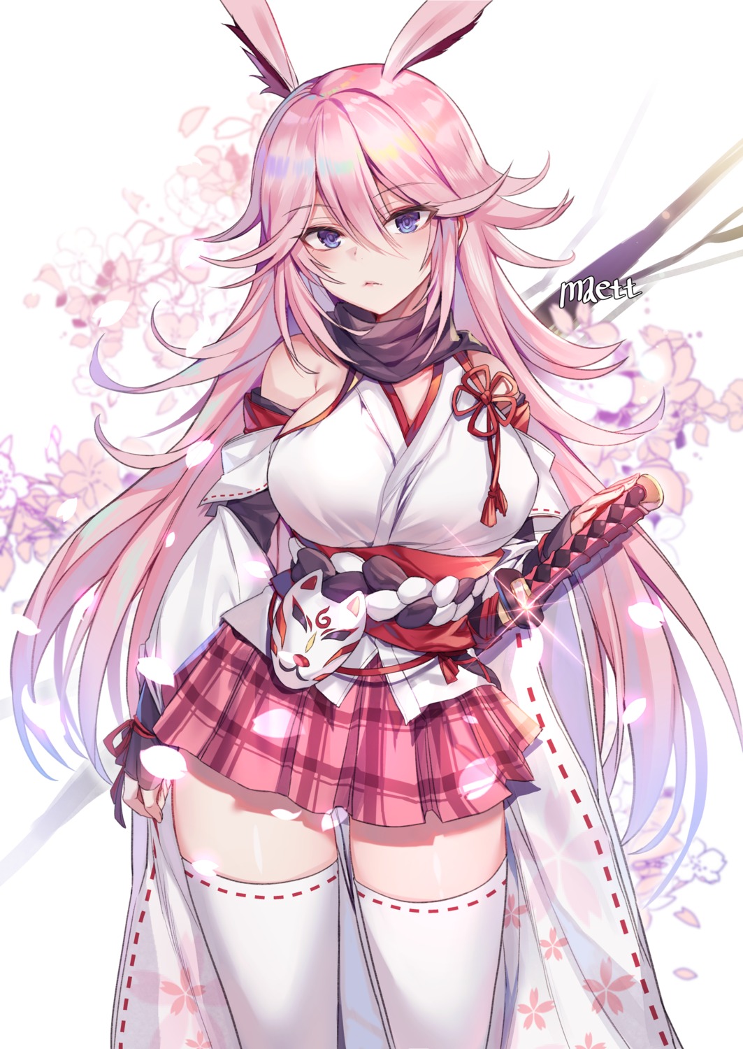 animal_ears benghuai_xueyuan bunny_ears japanese_clothes maett sword thighhighs yae_sakura_(benghuai_xueyuan)